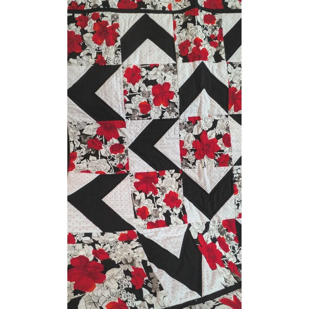 Handmade Baby Quilt Red Black White Floral Geometric Star Patchwork 40x40 Square